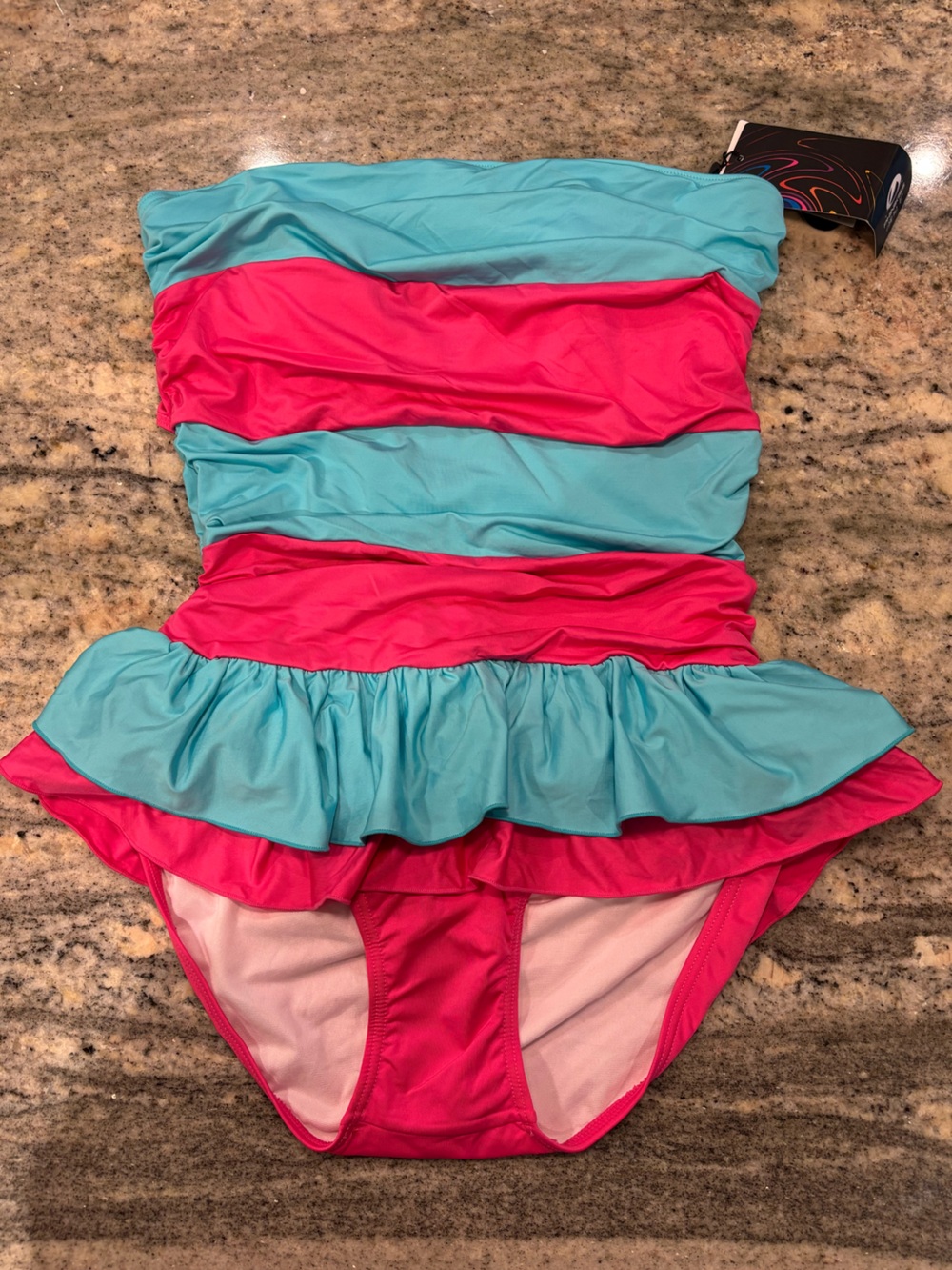 NWT Pink & Blue 1 Piece Strapless Swimsuit with Ruffle & Bow Detailing Sz L